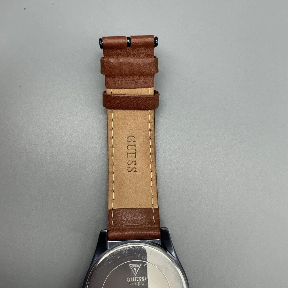 Guess Steel U0874G4 Mens Watch 40mm Blue Dial Brown Leather Date New Battery